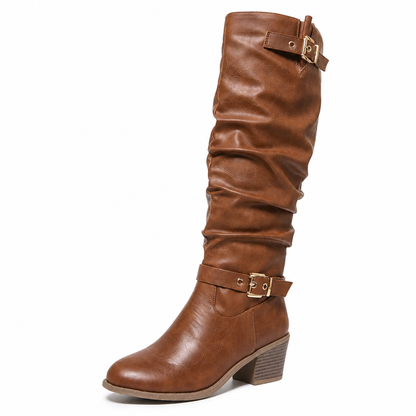 🎉Top Angebot! Jetzt kaufen!🎉 Damen Kniehohe Western Stiefel Vintage Klotzabsatz Schlampige Reitstiefel mit Seitlichem Reißverschluss und Schnalle, Runde Zehenpartie