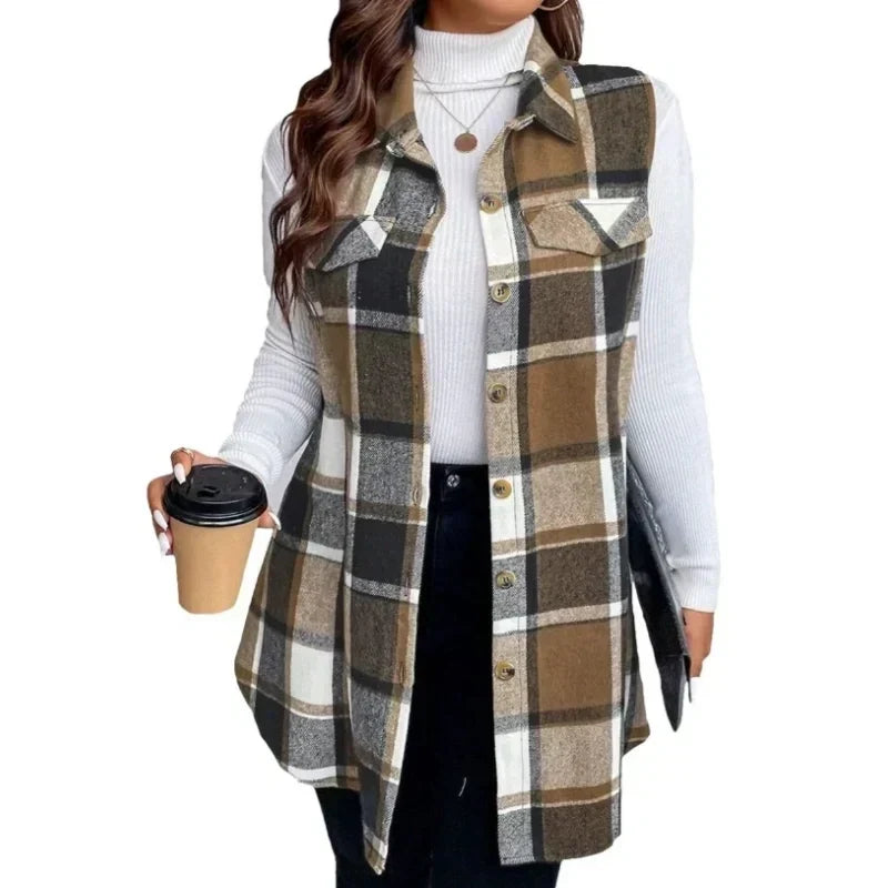 💥50% Rabatt! Nur heute!💥 Damen-Weste mit Karomuster, Knopfleiste und Taschen
