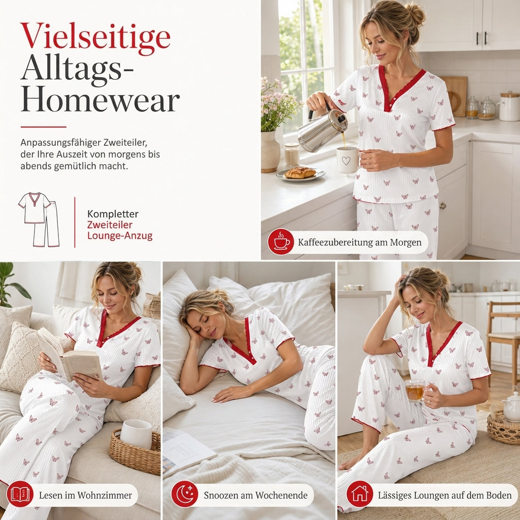 🌟Bestseller reduziert! Nur diese Woche!🌟 Bedrucktes Pyjama-Set für Damen, kurzärmliges Oberteil und lange Hose