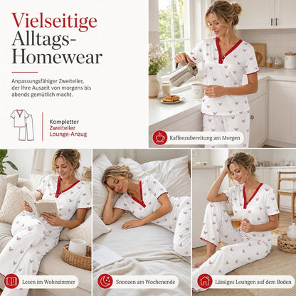 🌟Bestseller reduziert! Nur diese Woche!🌟 Bedrucktes Pyjama-Set für Damen, kurzärmliges Oberteil und lange Hose