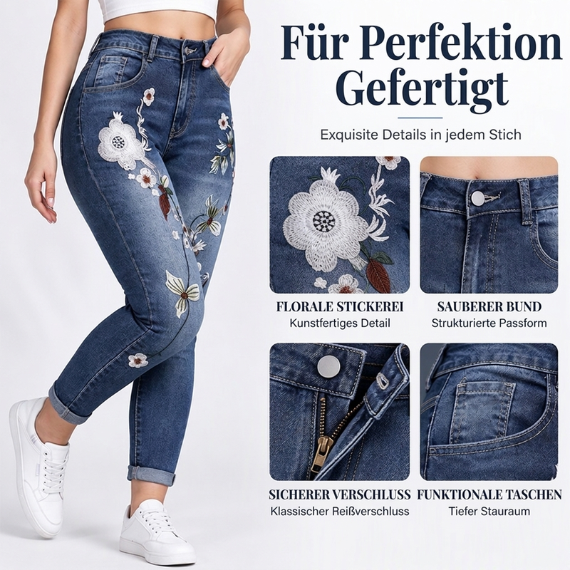 📢Kundenliebling + 50% Rabatt!📢 Dehnbare Jeans mit floraler Stickerei und eng anliegender Passform für Damen