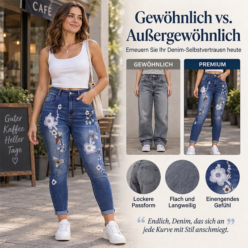 📢Kundenliebling + 50% Rabatt!📢 Dehnbare Jeans mit floraler Stickerei und eng anliegender Passform für Damen