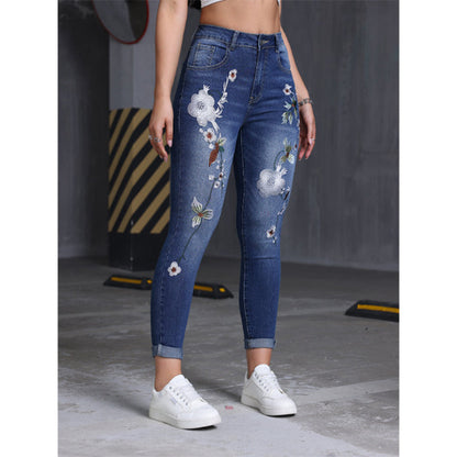 📢Kundenliebling + 50% Rabatt!📢 Dehnbare Jeans mit floraler Stickerei und eng anliegender Passform für Damen
