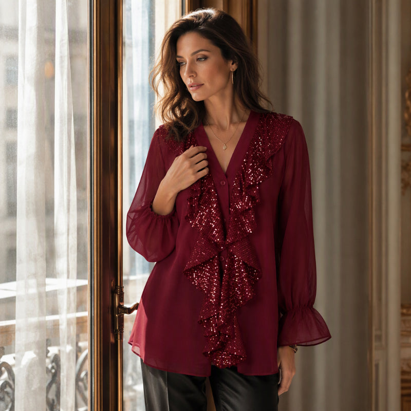 📢Kundenliebling! Jetzt kaufen!📢 Damen V-Ausschnitt Pailletten-Chiffonbluse