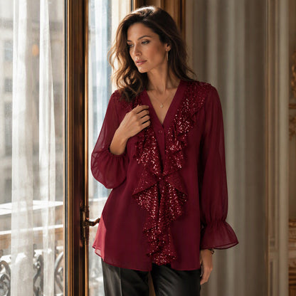 📢Kundenliebling! Jetzt kaufen!📢 Damen V-Ausschnitt Pailletten-Chiffonbluse