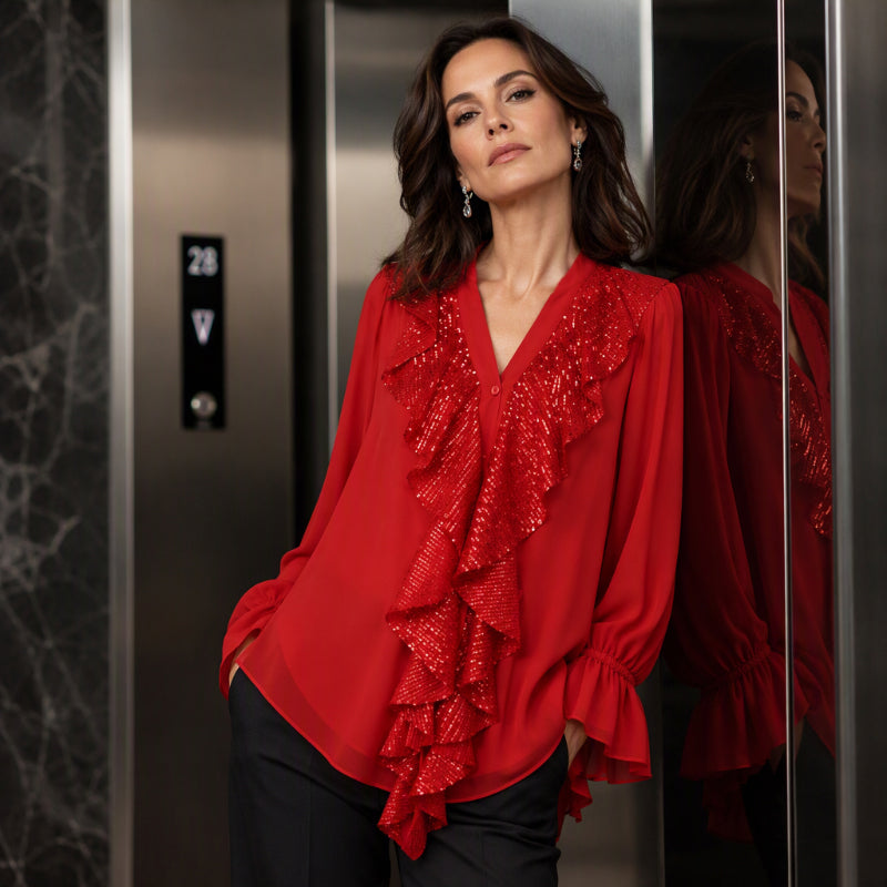 📢Kundenliebling! Jetzt kaufen!📢 Damen V-Ausschnitt Pailletten-Chiffonbluse