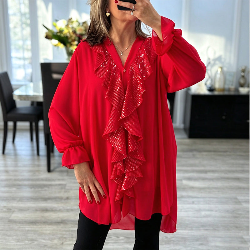📢Kundenliebling! Jetzt kaufen!📢 Damen V-Ausschnitt Pailletten-Chiffonbluse