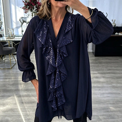 📢Kundenliebling! Jetzt kaufen!📢 Damen V-Ausschnitt Pailletten-Chiffonbluse