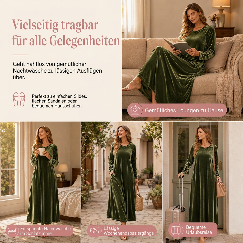 Freizeitkleid aus Samt mit Rundhalsausschnitt und Taschen für Damen