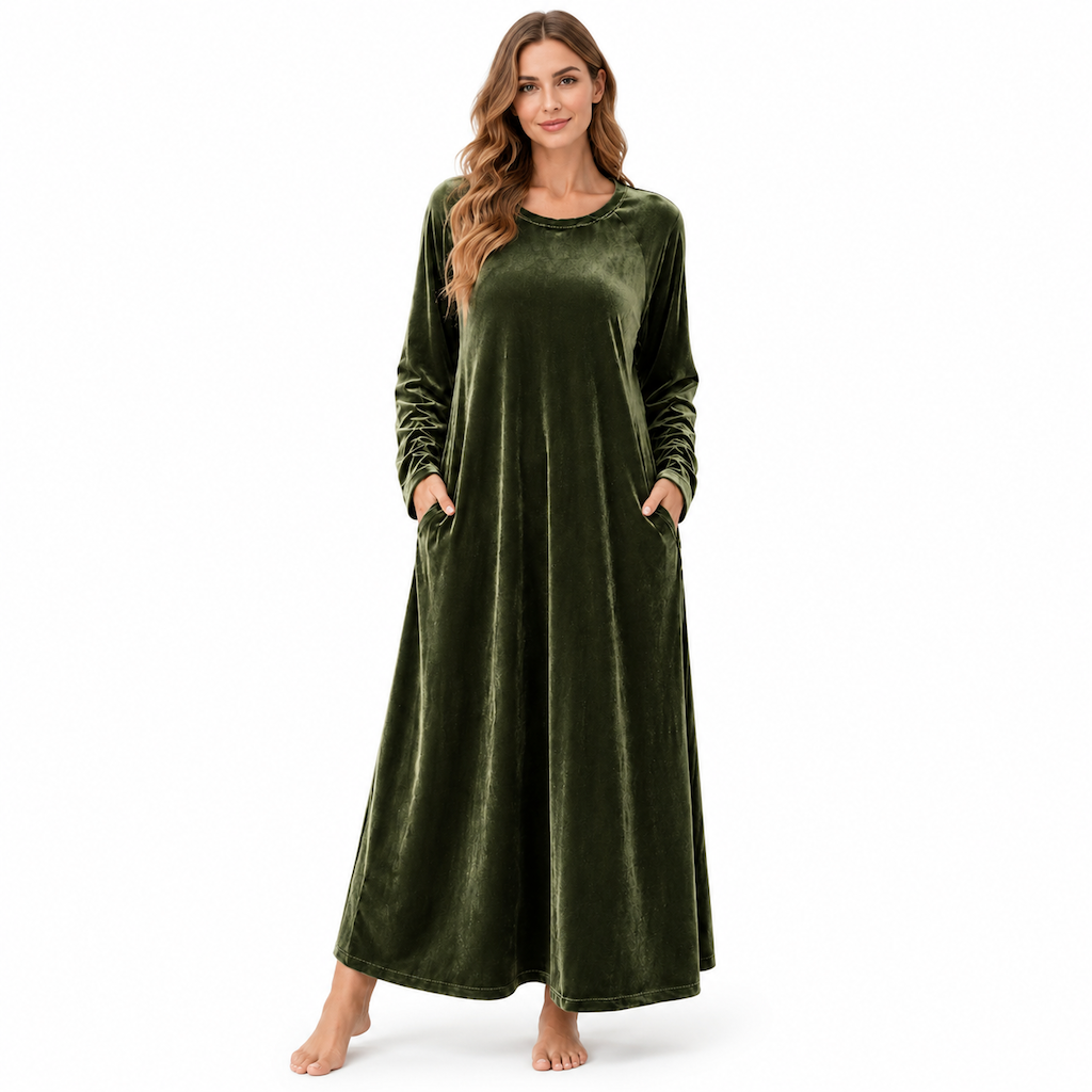 Freizeitkleid aus Samt mit Rundhalsausschnitt und Taschen für Damen