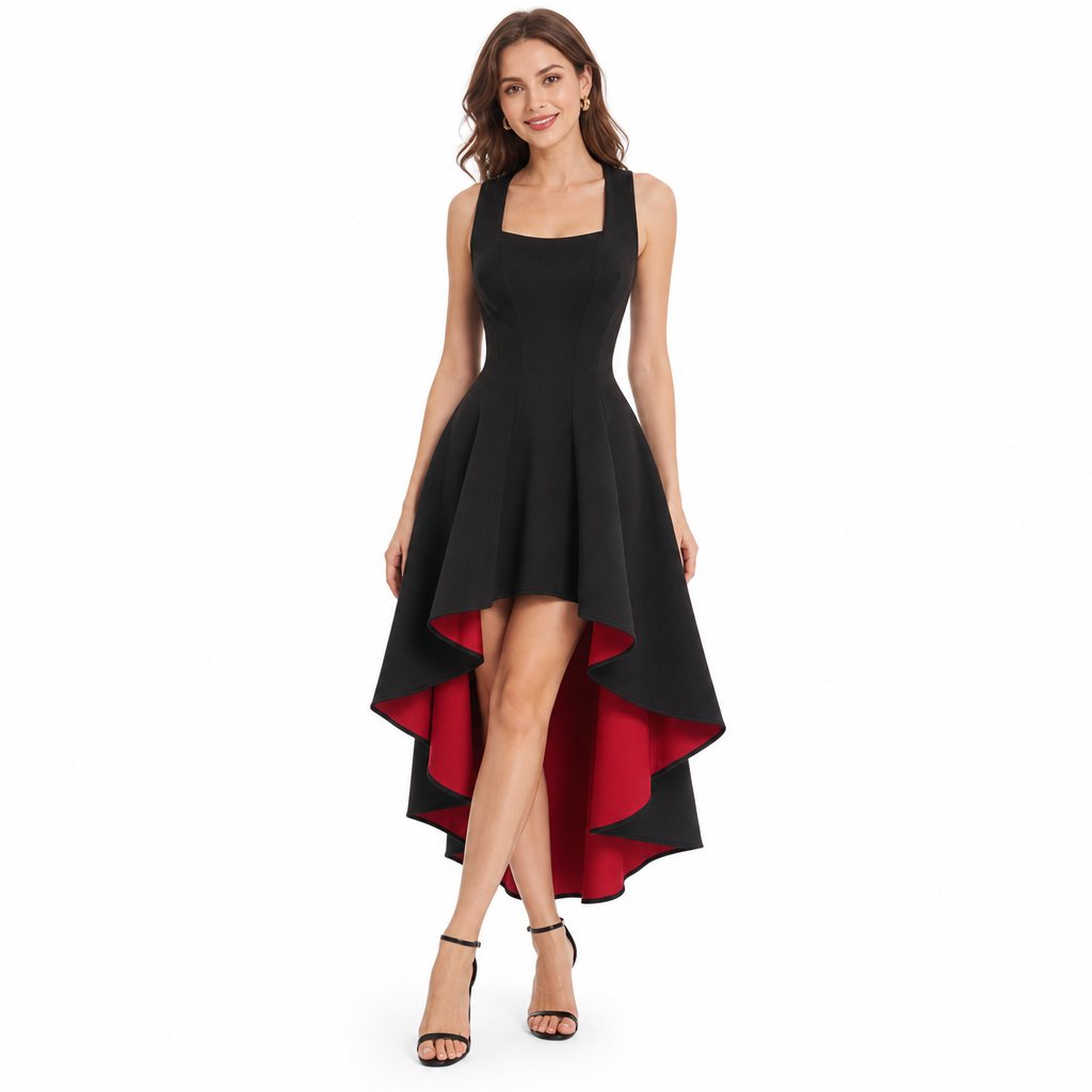 Damen Elegantes Schwarz Colorblock Kleid Figurbetont Taille betonendes Partykleid