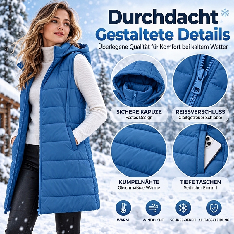🥳Schnell sein!🥳 Damen mittellange, gesteppte Weste mit Kapuze