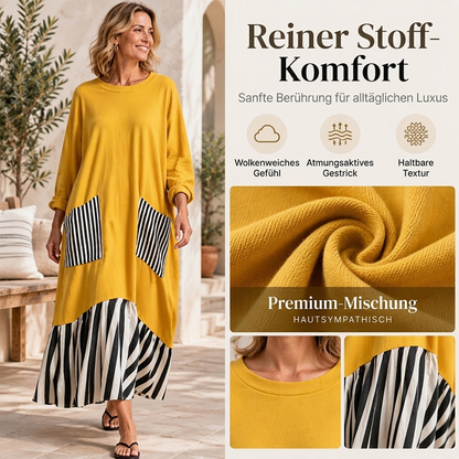 🥳Über 50.000 verkauft! 50% Rabatt!🥳 Damen Maxikleid mit Streifen-Patchwork und langen Ärmeln