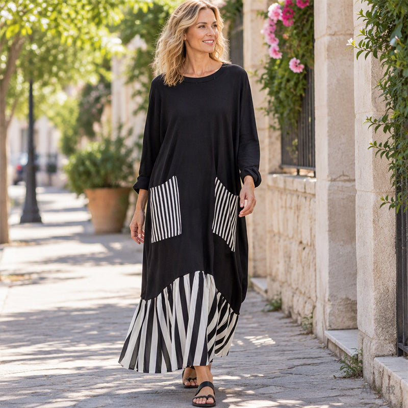 🥳Über 50.000 verkauft! 50% Rabatt!🥳 Damen Maxikleid mit Streifen-Patchwork und langen Ärmeln