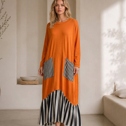🥳Über 50.000 verkauft! 50% Rabatt!🥳 Damen Maxikleid mit Streifen-Patchwork und langen Ärmeln