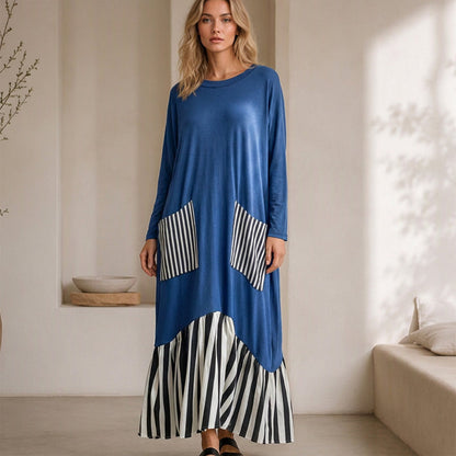 🥳Über 50.000 verkauft! 50% Rabatt!🥳 Damen Maxikleid mit Streifen-Patchwork und langen Ärmeln