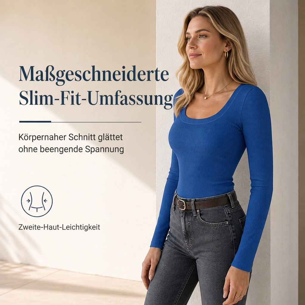 Damen Rippstrick-T-Shirt – eckiger Ausschnitt, Langarm & schmale Passform, figurbetont