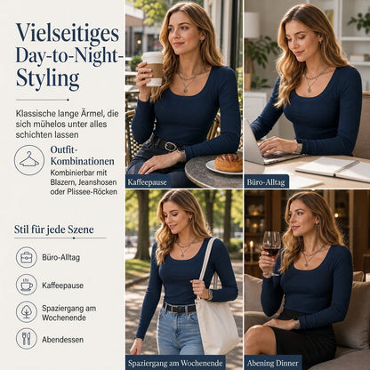 Damen Rippstrick-T-Shirt – eckiger Ausschnitt, Langarm & schmale Passform, figurbetont