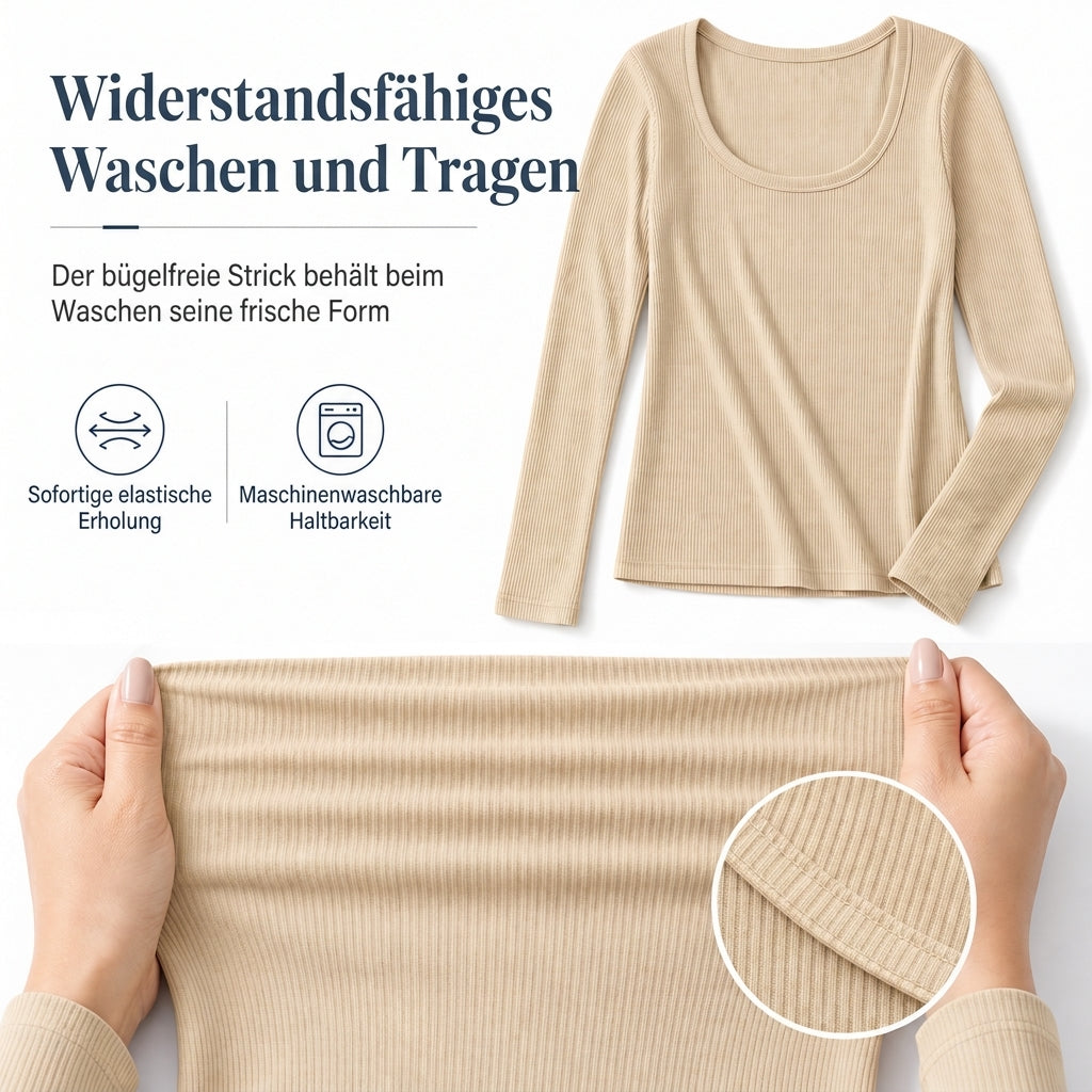 Damen Rippstrick-T-Shirt – eckiger Ausschnitt, Langarm & schmale Passform, figurbetont