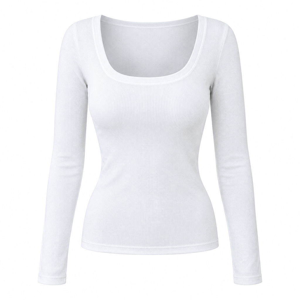 Damen Rippstrick-T-Shirt – eckiger Ausschnitt, Langarm & schmale Passform, figurbetont