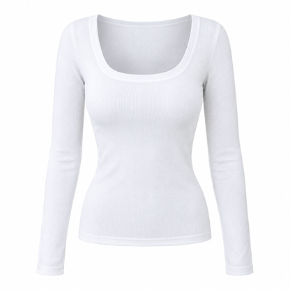 Damen Rippstrick-T-Shirt – eckiger Ausschnitt, Langarm & schmale Passform, figurbetont