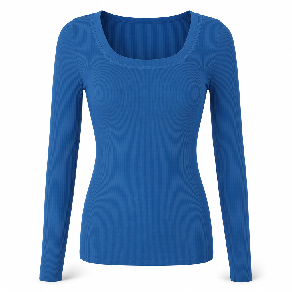 Damen Rippstrick-T-Shirt – eckiger Ausschnitt, Langarm & schmale Passform, figurbetont