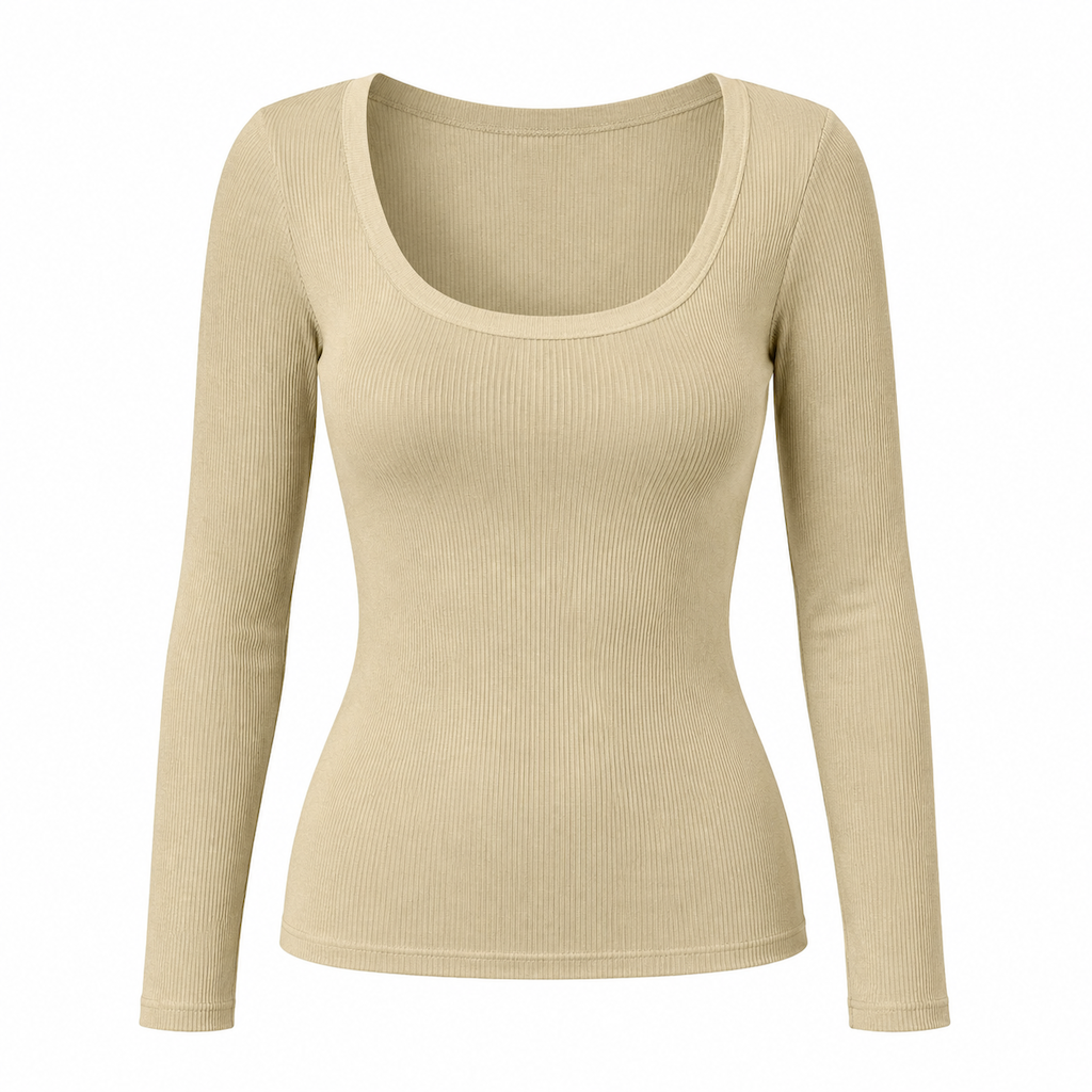 Damen Rippstrick-T-Shirt – eckiger Ausschnitt, Langarm & schmale Passform, figurbetont
