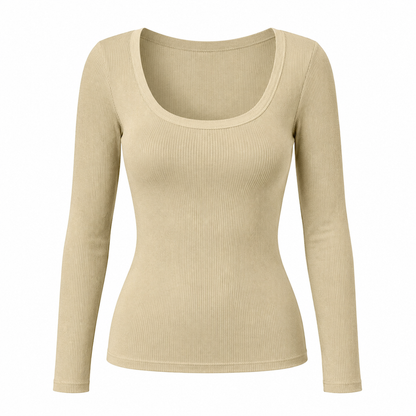 Damen Rippstrick-T-Shirt – eckiger Ausschnitt, Langarm & schmale Passform, figurbetont