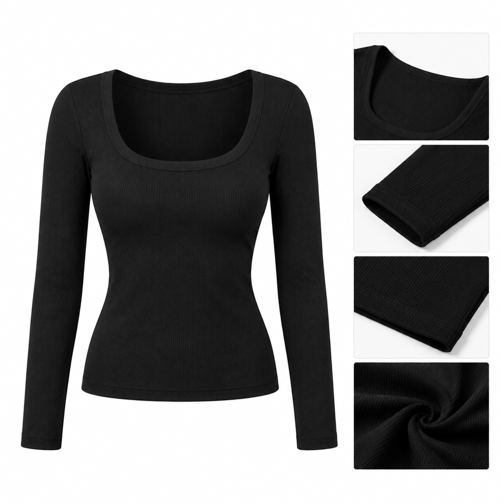 Damen Rippstrick-T-Shirt – eckiger Ausschnitt, Langarm & schmale Passform, figurbetont