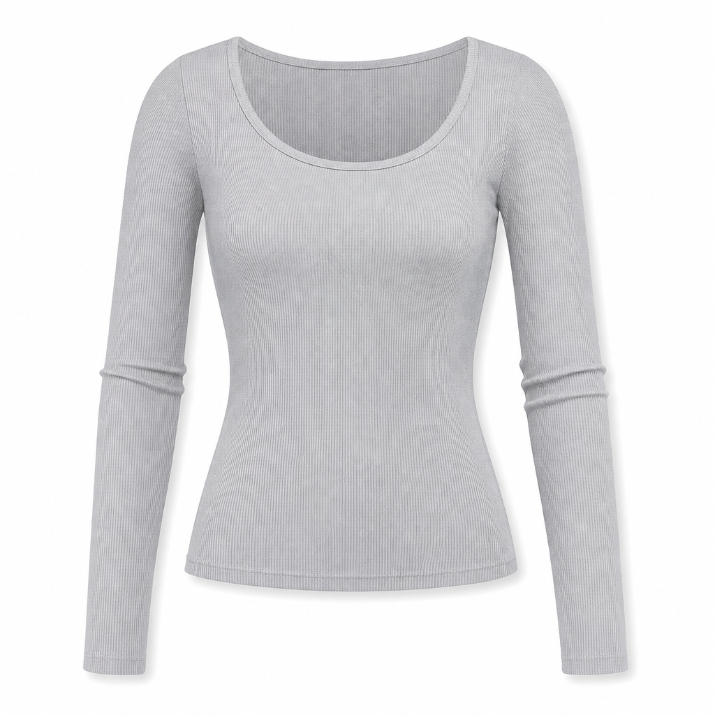 Damen Rippstrick-T-Shirt – eckiger Ausschnitt, Langarm & schmale Passform, figurbetont