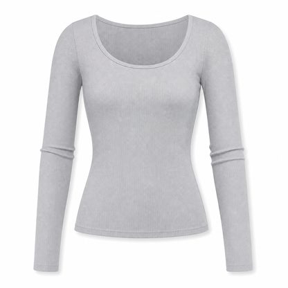 Damen Rippstrick-T-Shirt – eckiger Ausschnitt, Langarm & schmale Passform, figurbetont