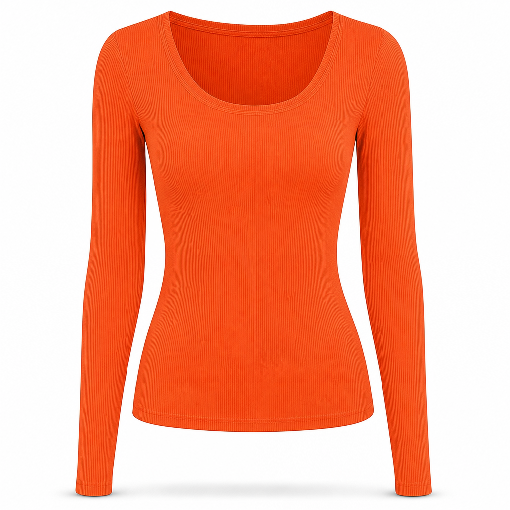 Damen Rippstrick-T-Shirt – eckiger Ausschnitt, Langarm & schmale Passform, figurbetont