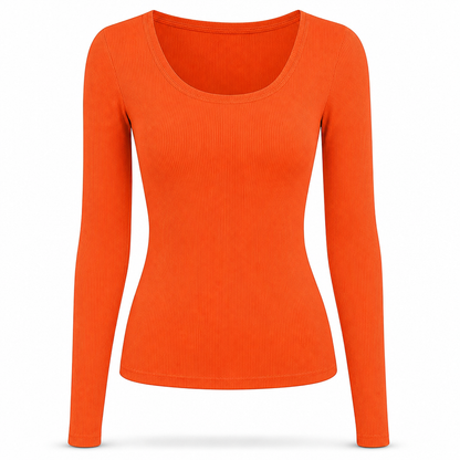 Damen Rippstrick-T-Shirt – eckiger Ausschnitt, Langarm & schmale Passform, figurbetont