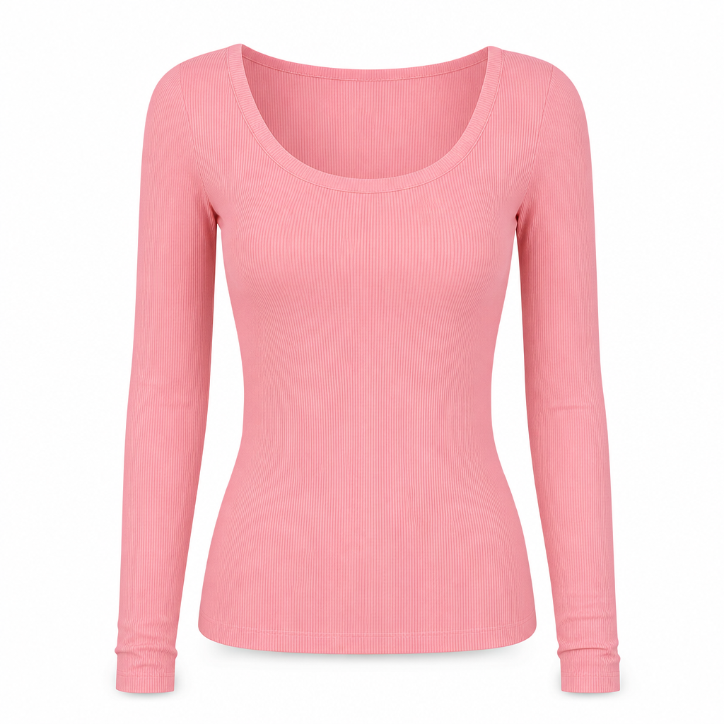 Damen Rippstrick-T-Shirt – eckiger Ausschnitt, Langarm & schmale Passform, figurbetont