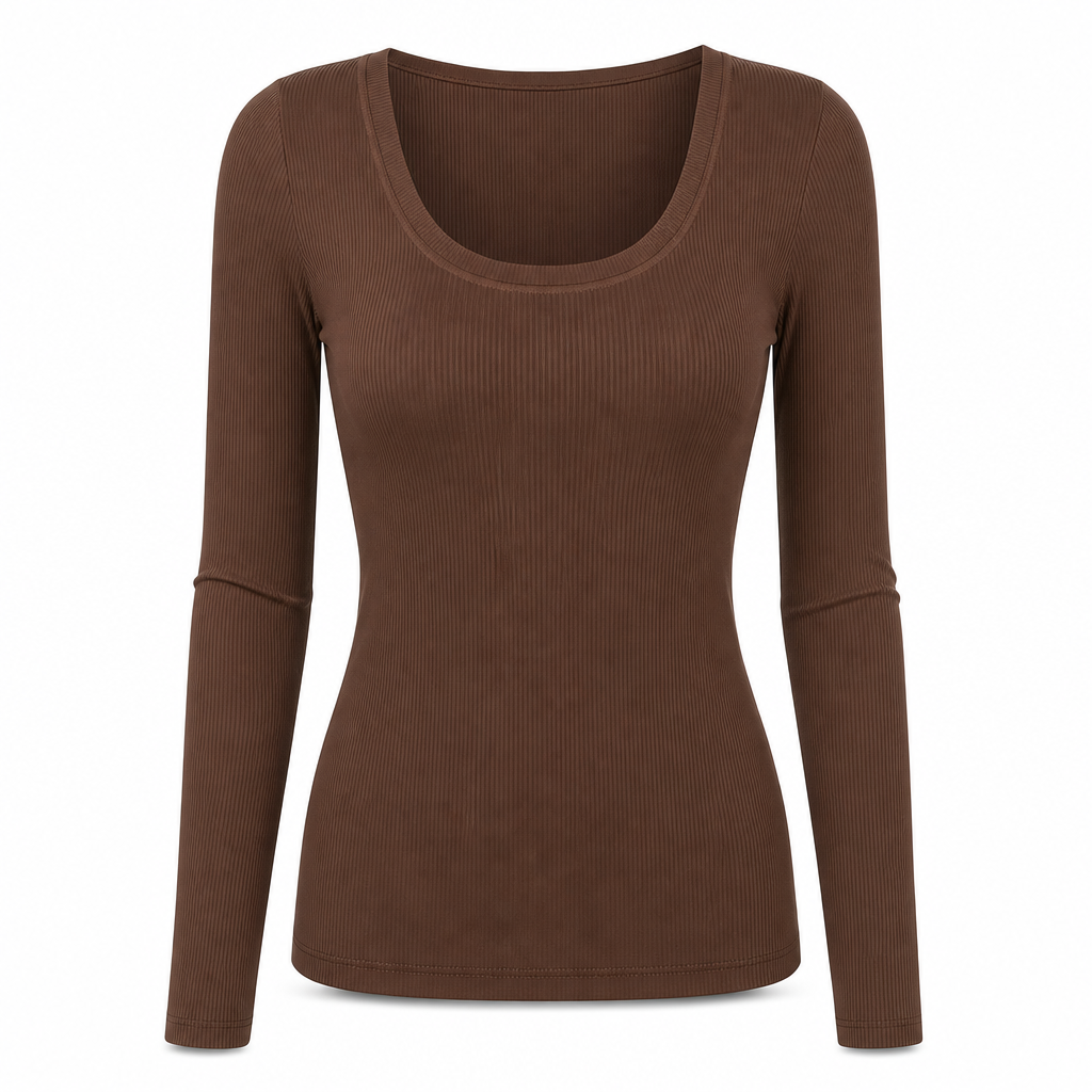 Damen Rippstrick-T-Shirt – eckiger Ausschnitt, Langarm & schmale Passform, figurbetont