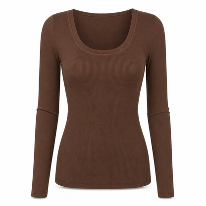Damen Rippstrick-T-Shirt – eckiger Ausschnitt, Langarm & schmale Passform, figurbetont
