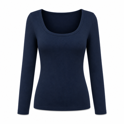 Damen Rippstrick-T-Shirt – eckiger Ausschnitt, Langarm & schmale Passform, figurbetont