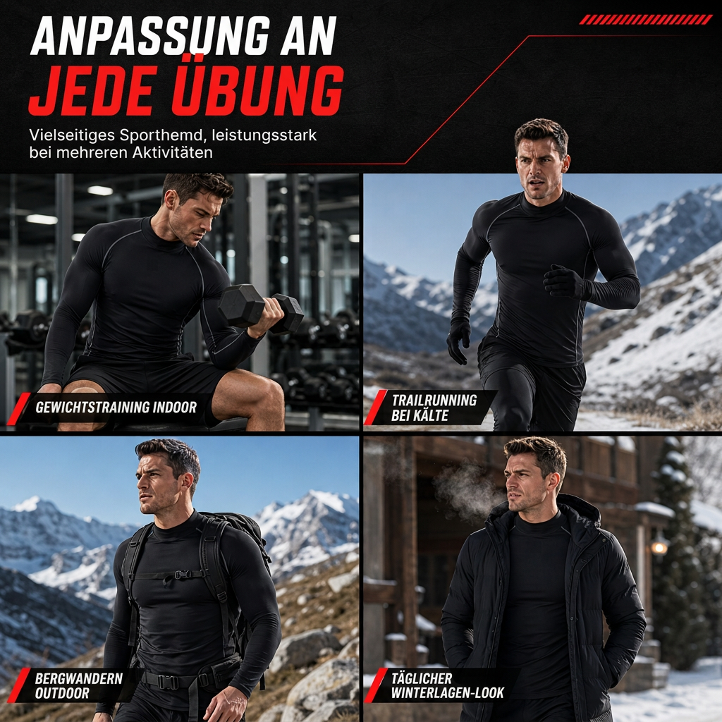 Herren Thermo-Kompressions-Langarmshirt mit Stehkragen – warm gefüttert, ideal als Unterziehshirt für Sport, Laufen & Training
