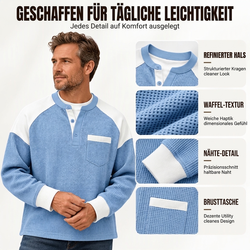 📢🎉50%Rabatt!!!🛍️✨Freizeit-Henley-Oberteil für Herren mit Farbblock-Design und Waffelstrick