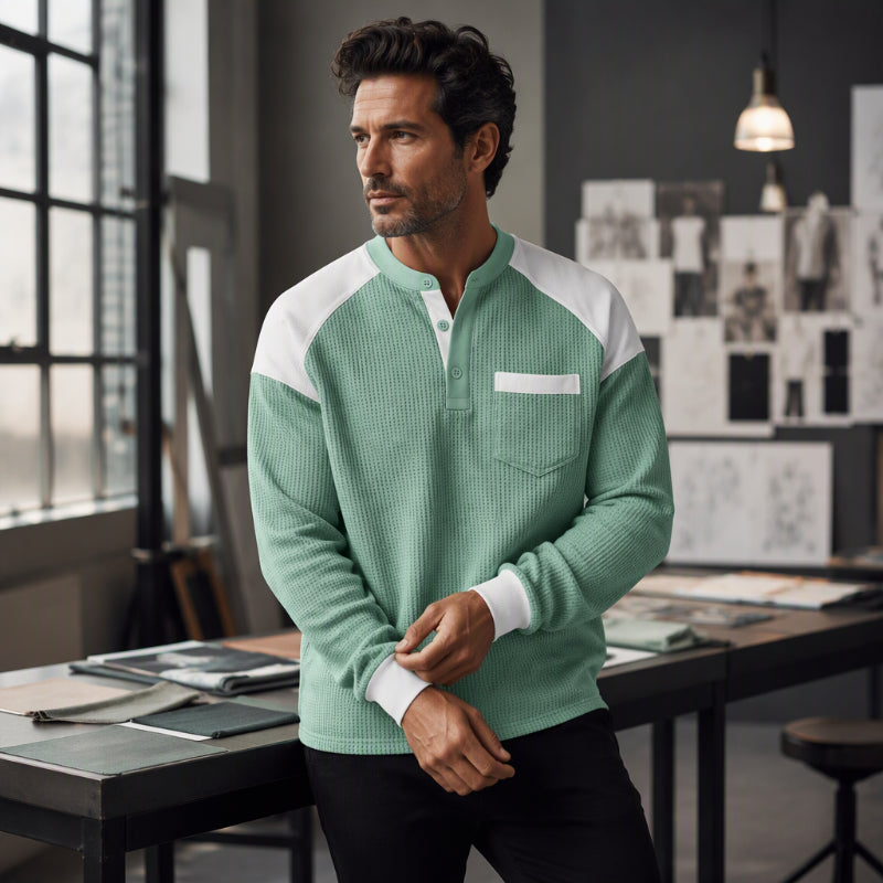 📢🎉50%Rabatt!!!🛍️✨Freizeit-Henley-Oberteil für Herren mit Farbblock-Design und Waffelstrick