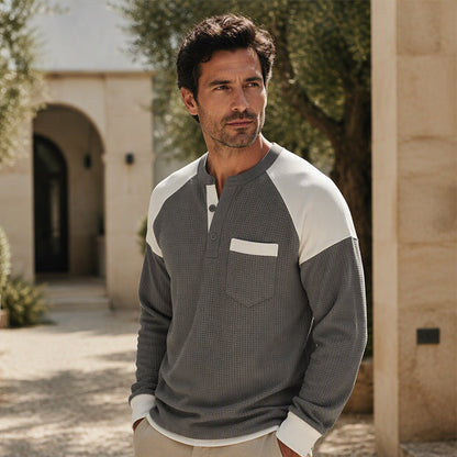 📢🎉50%Rabatt!!!🛍️✨Freizeit-Henley-Oberteil für Herren mit Farbblock-Design und Waffelstrick