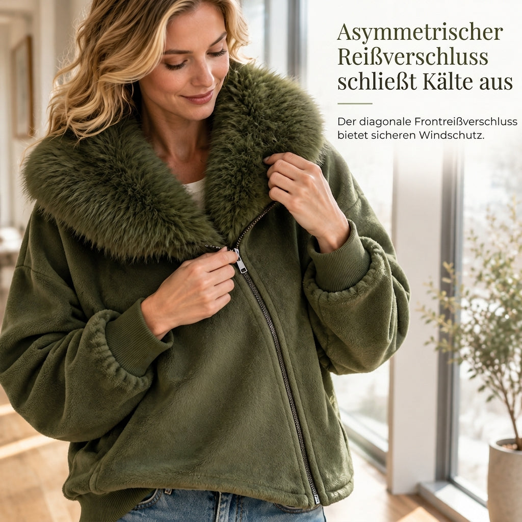 📢Letzter Tag!📢 Entspannter Damenmantel mit Plüschimitatkragen und asymmetrischem Reißverschluss