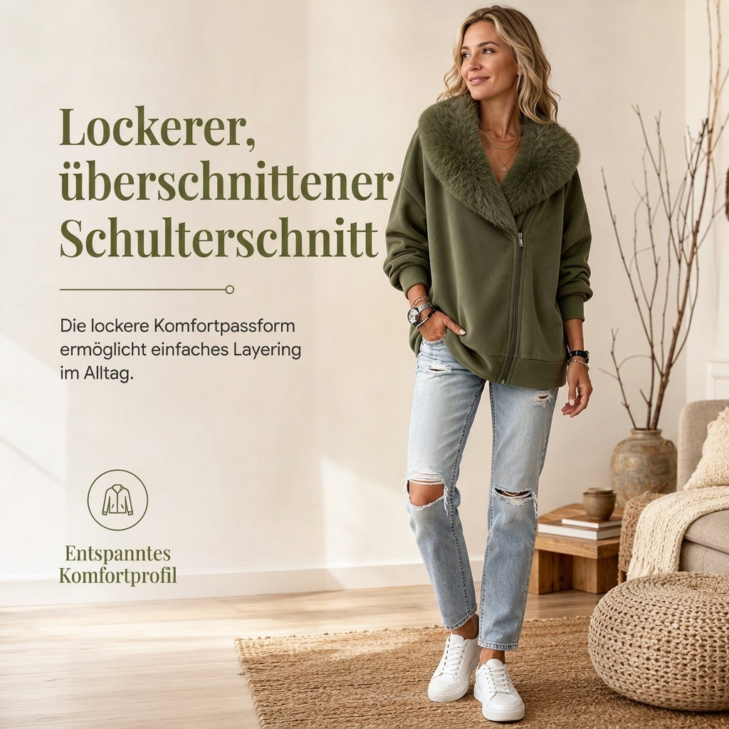 📢Letzter Tag!📢 Entspannter Damenmantel mit Plüschimitatkragen und asymmetrischem Reißverschluss
