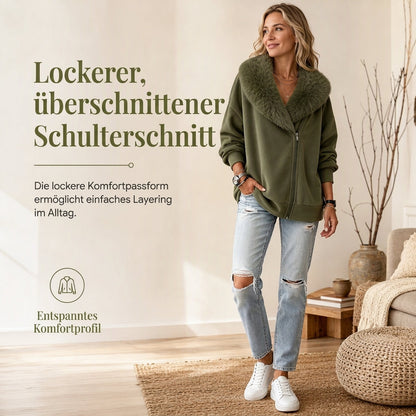 📢Letzter Tag!📢 Entspannter Damenmantel mit Plüschimitatkragen und asymmetrischem Reißverschluss
