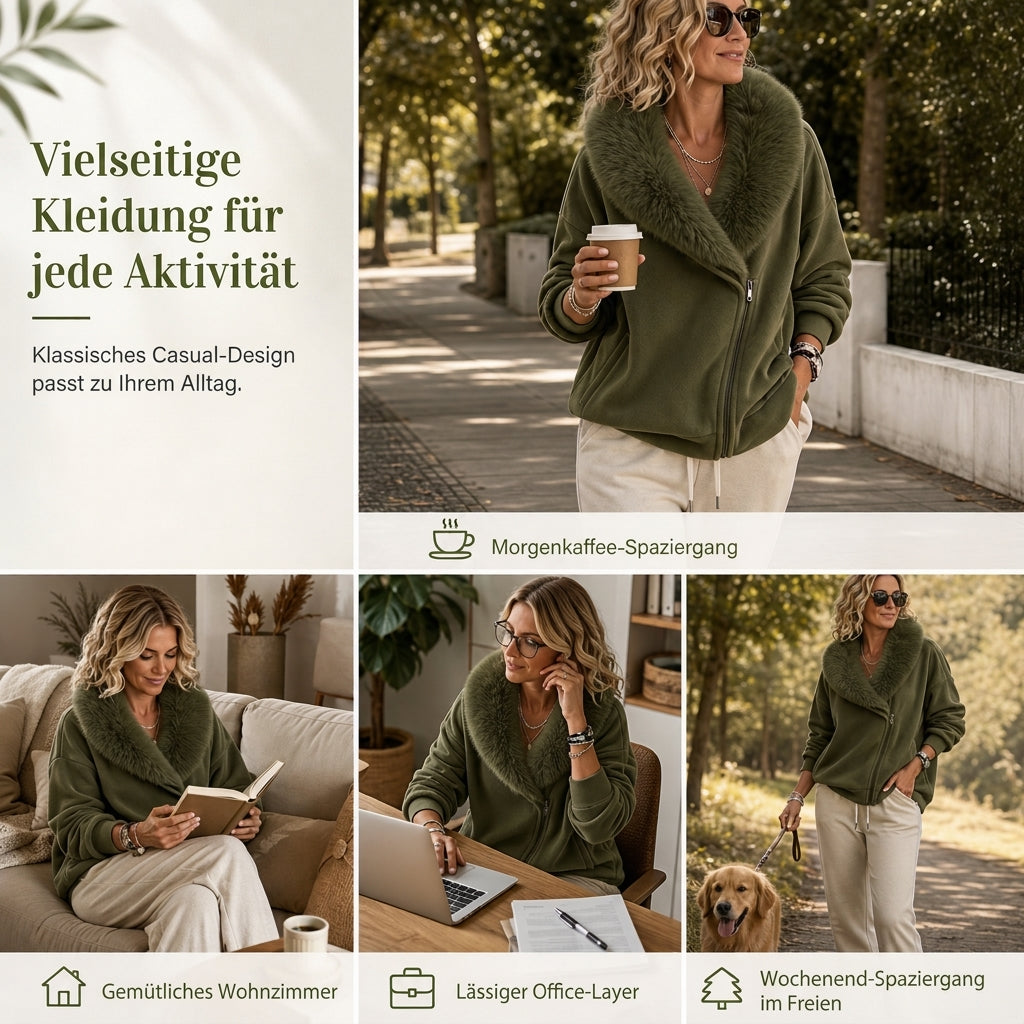 📢Letzter Tag!📢 Entspannter Damenmantel mit Plüschimitatkragen und asymmetrischem Reißverschluss