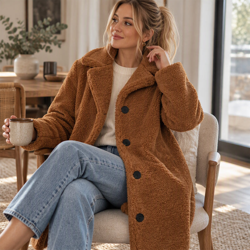 💥Jetzt im Trend!💥 Warmer Plüsch-Knopfleisten-Lapellenmantel für Damen