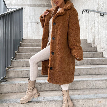 💥Jetzt im Trend!💥 Warmer Plüsch-Knopfleisten-Lapellenmantel für Damen