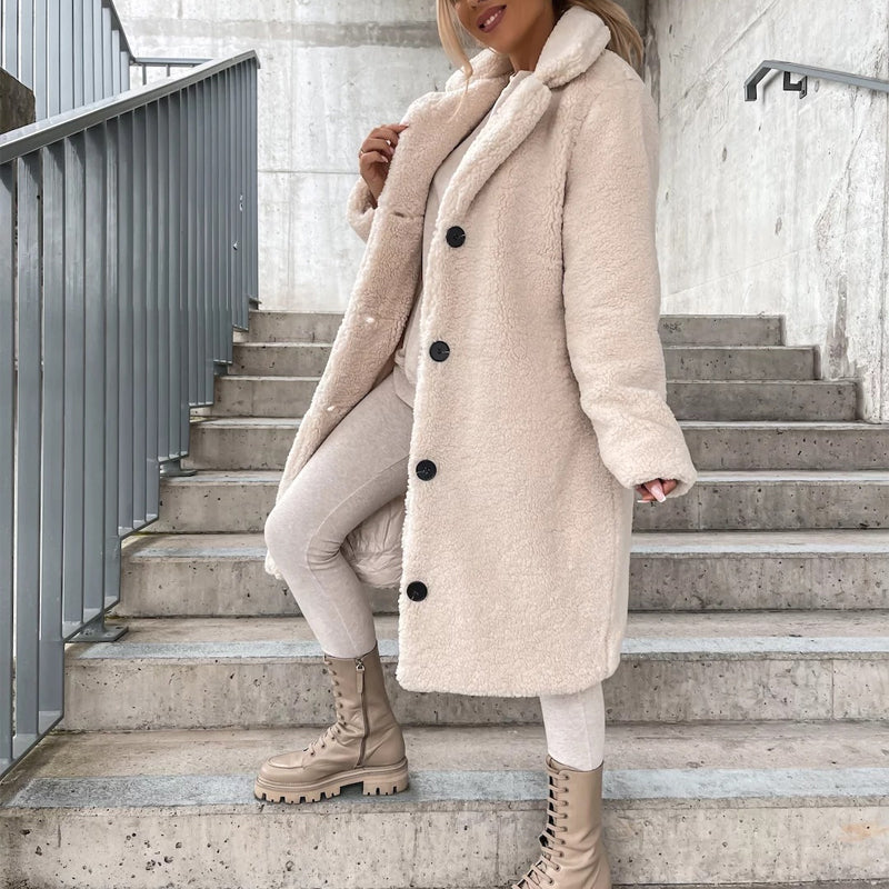 💥Jetzt im Trend!💥 Warmer Plüsch-Knopfleisten-Lapellenmantel für Damen
