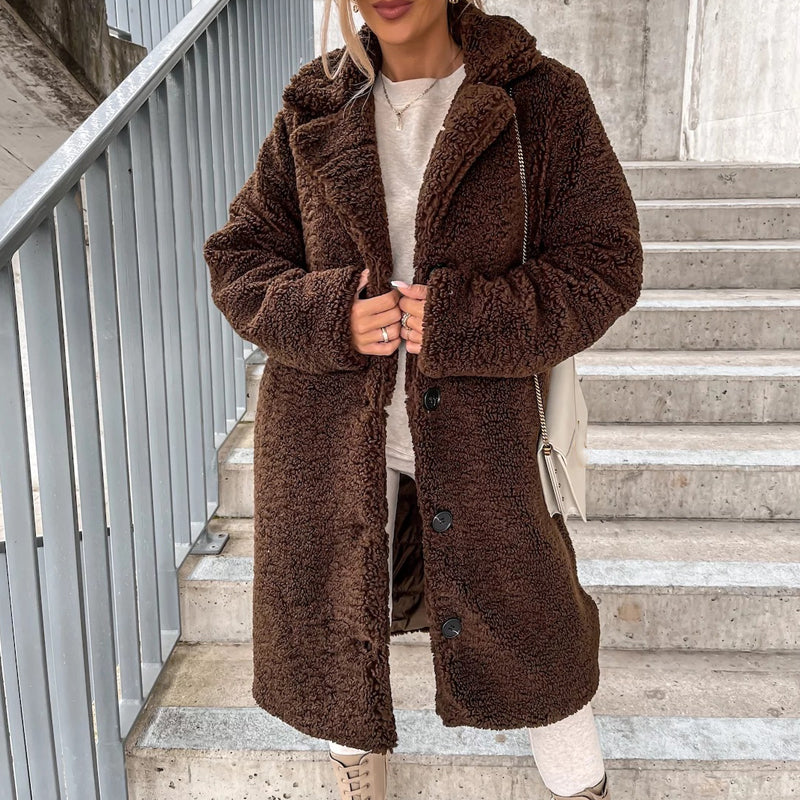 💥Jetzt im Trend!💥 Warmer Plüsch-Knopfleisten-Lapellenmantel für Damen