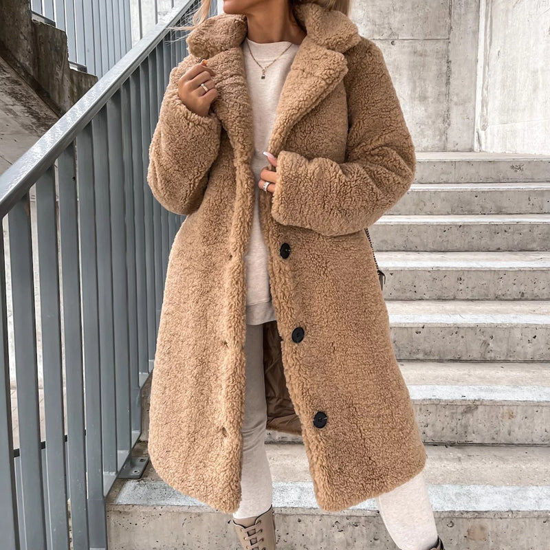 💥Jetzt im Trend!💥 Warmer Plüsch-Knopfleisten-Lapellenmantel für Damen